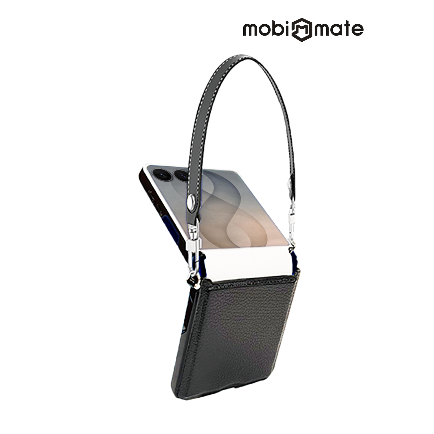 Mobi Mate 三星Z Flip 8撞色皮革磁吸保護殼(手繩款)-黑白