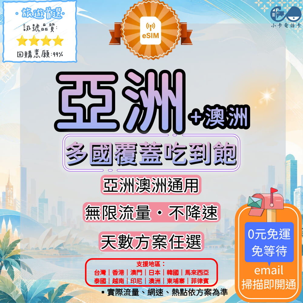 【eSIM】亞洲＋澳洲多國通用全系列｜台灣、日韓、港澳、東南亞、澳洲·APP友善〈快速啟用、免運即時開通、天數客制化〉