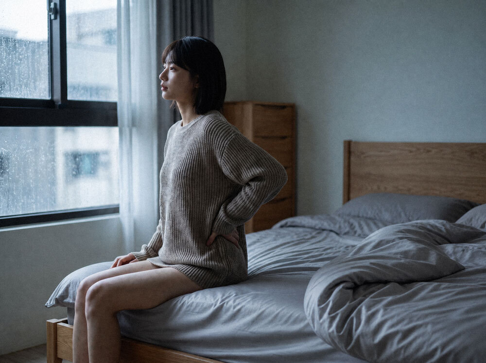 疲憊女性坐床邊扶腰_陰雨天晨光