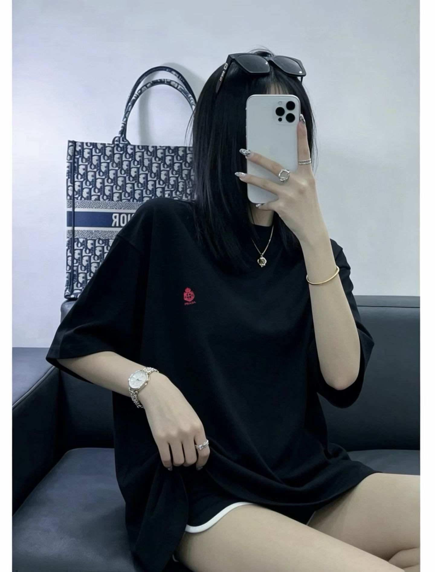 Prada 黑色 刺繡Logo Basic Tee 男女可穿