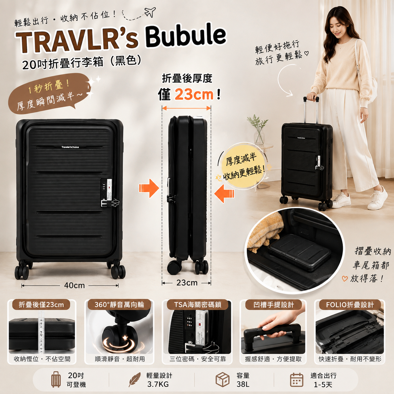 【現貨】TRAVLR's Bubule G020706 20吋行李箱 (黑色)