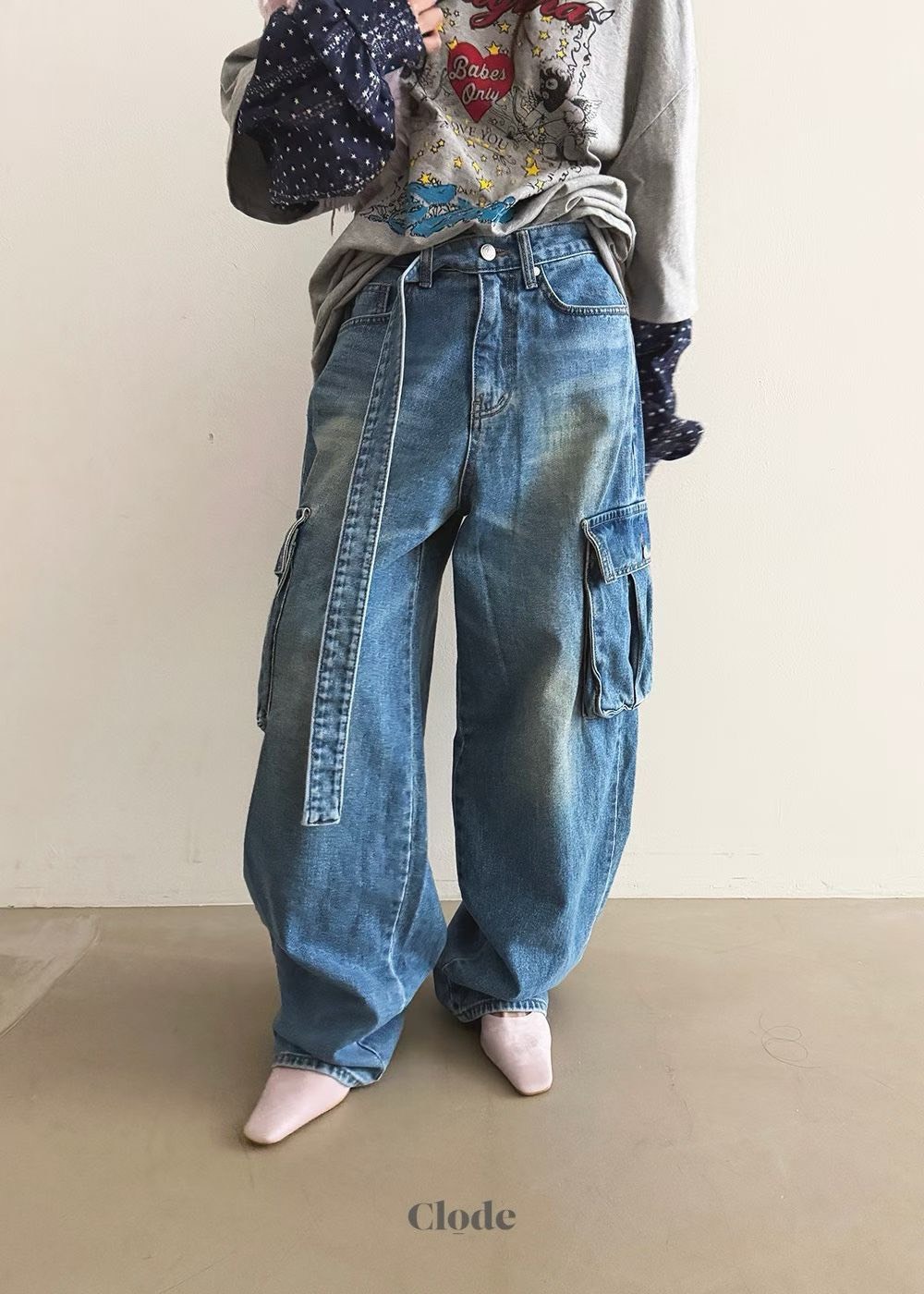 長腰帶牛仔垮褲
