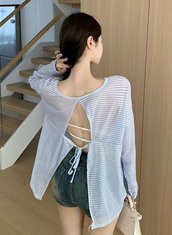 美背綁結橫條防曬上衣