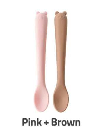 【Bellable】Korea Silicone Feeding Spoon Set (2pcs with Case) [Pink+Brown]