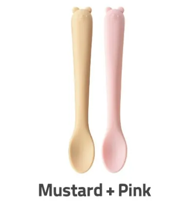 【Bellable】Korea Silicone Feeding Spoon Set (2pcs with Case) [Mustard+Pink]