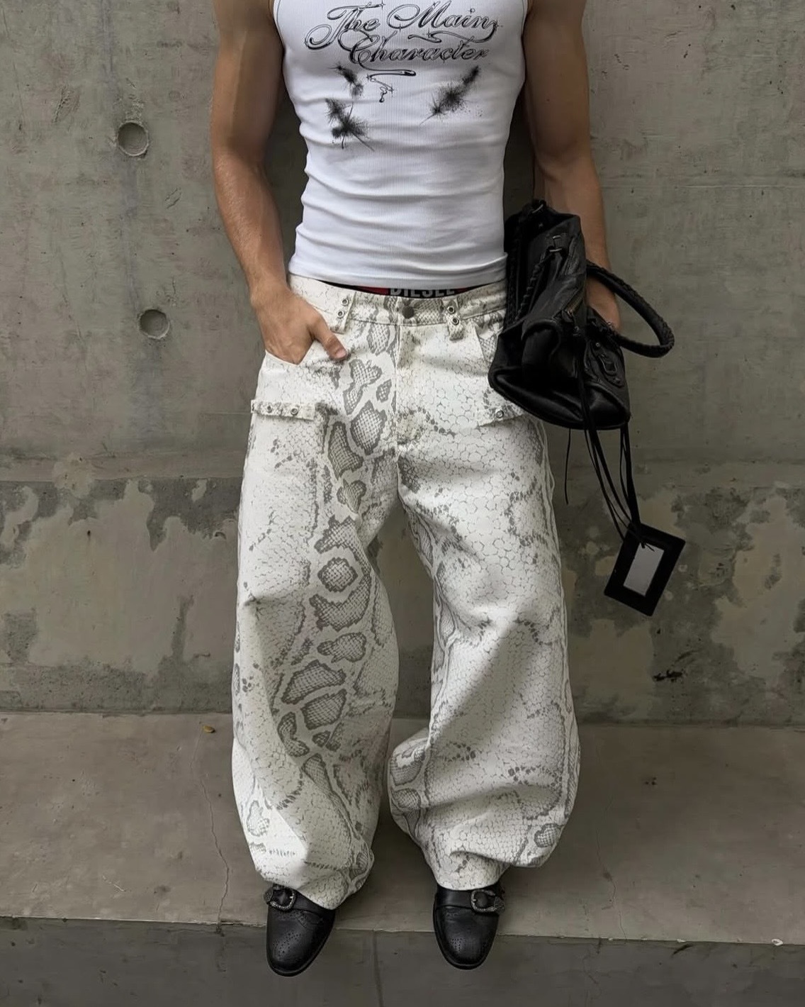 越南 Uncover Snakeskin Baggy 蛇紋 鉚釘 闊腿 長褲 白色