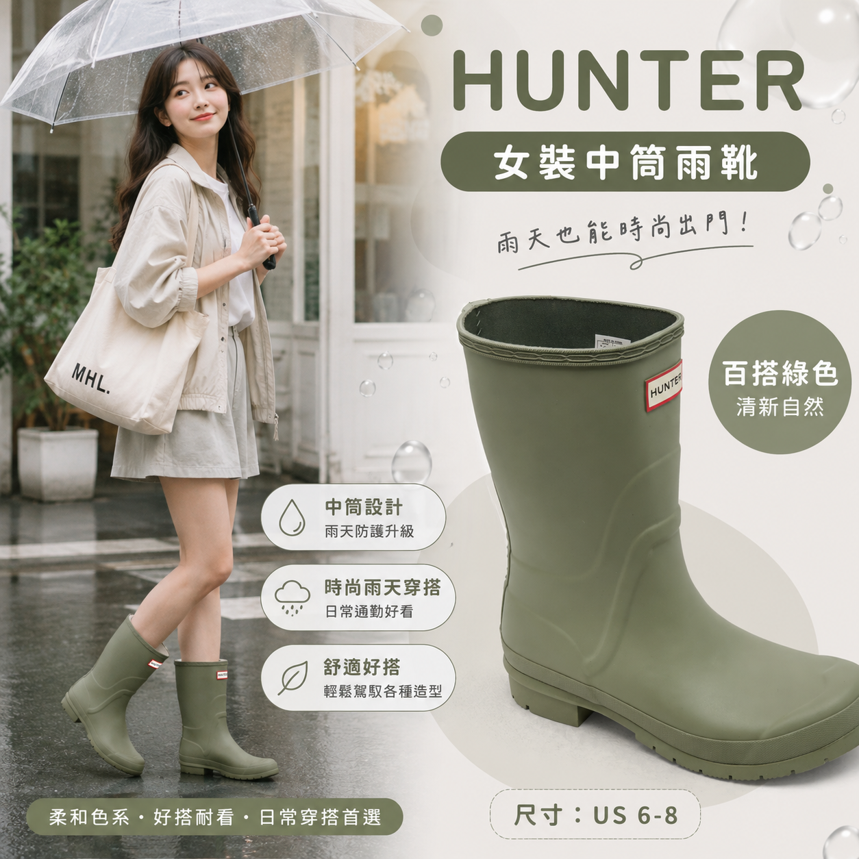 【預購】HUNTER H081915 Liberty 中筒雨靴 (綠色)