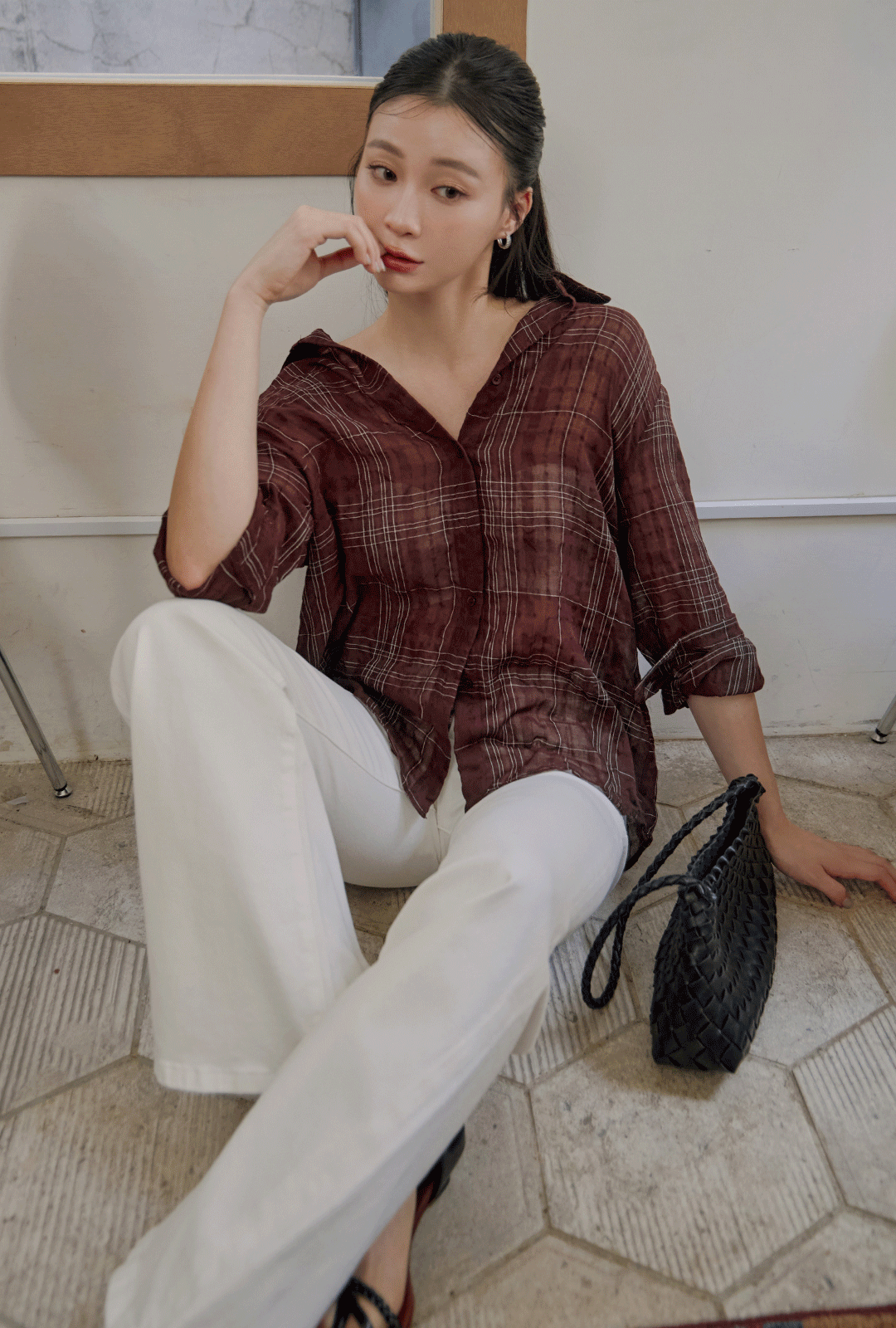 A3539-復古格紋麻料襯衫