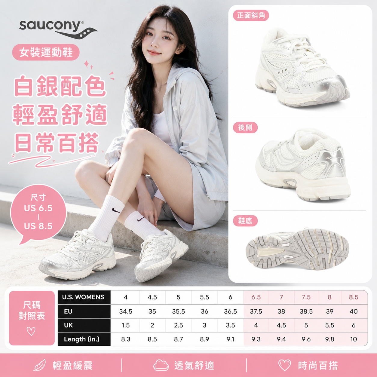 【預購】SAUCONY H081922 Ride Millennium 運動鞋 (白/銀色)