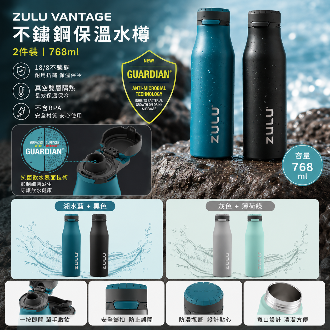 【預購】Zulu Vantage H081929 不鏽鋼水樽 (768ml/2件裝)