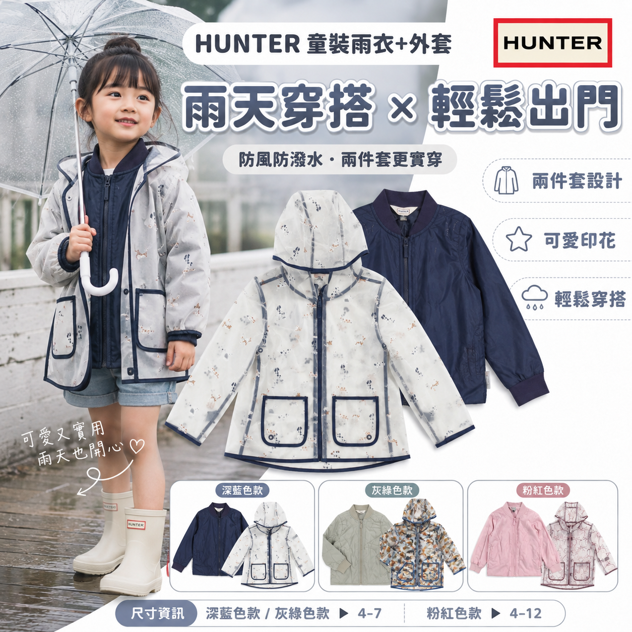 【預購】HUNTER H081913 童裝雨衣+外套 (兩件套)