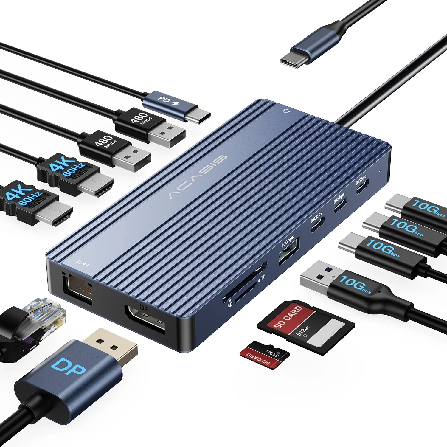 ACASIS DS-0202 14 埠 4K 60Hz USB-C 擴充底座，配備 PD 100W 充電（顯示埠）