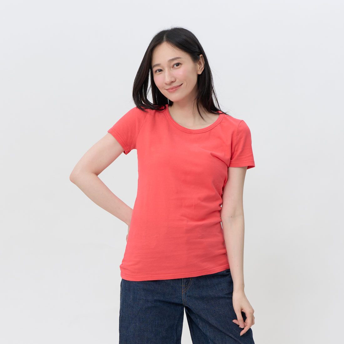 簡單合身圓領素面蜜桃棉女T /桃紅色