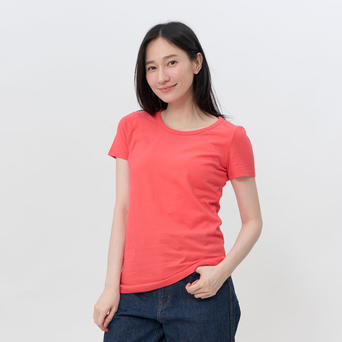 簡單合身圓領素面蜜桃棉女T /桃紅色