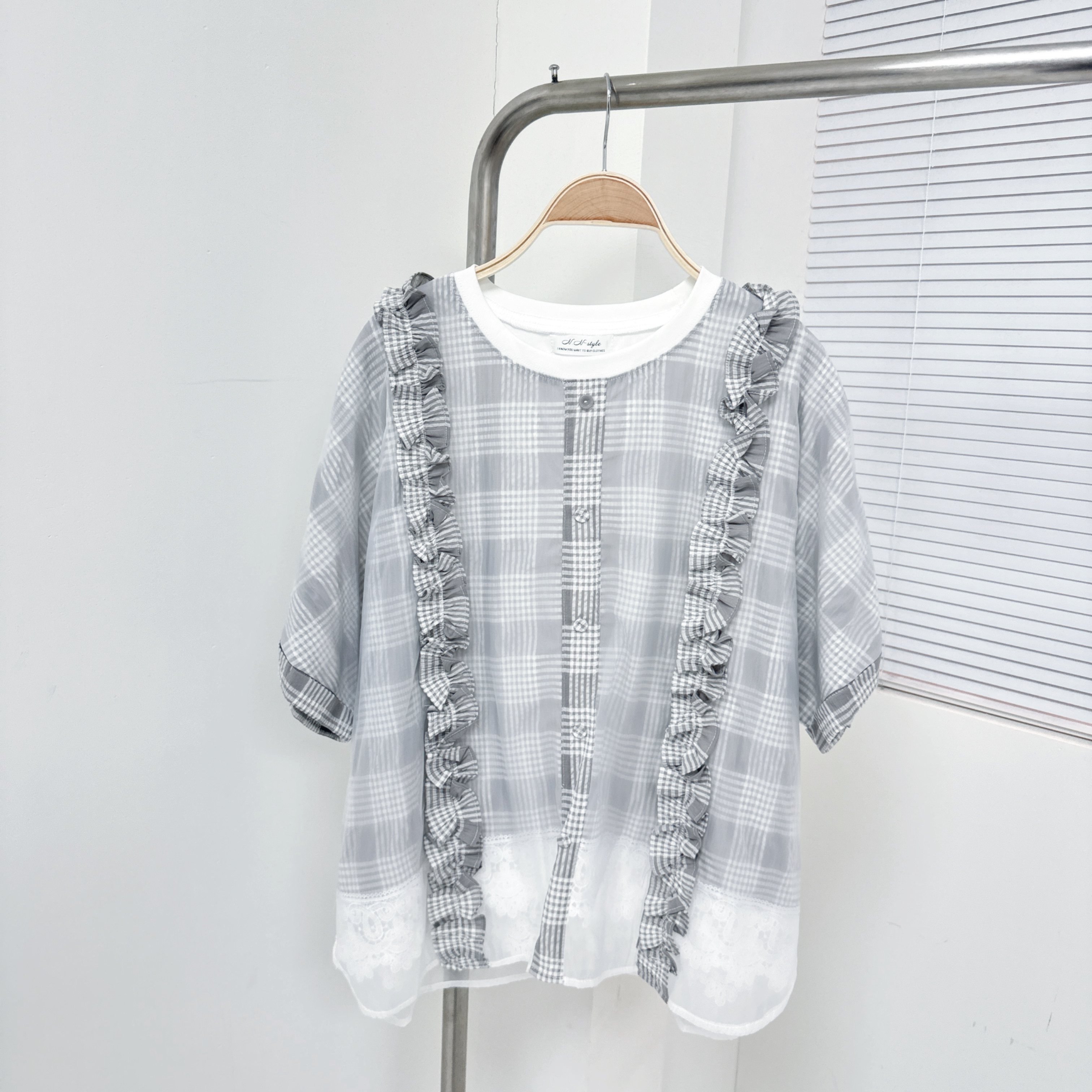 【廠家制】紗面格仔短袖TOP (H12)