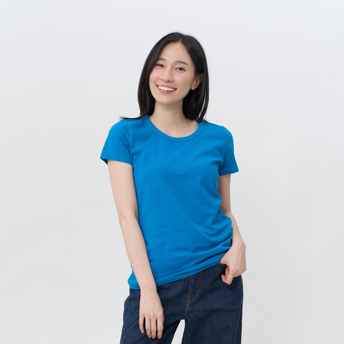簡單合身圓領 素面 蜜桃棉 女T 海藍色