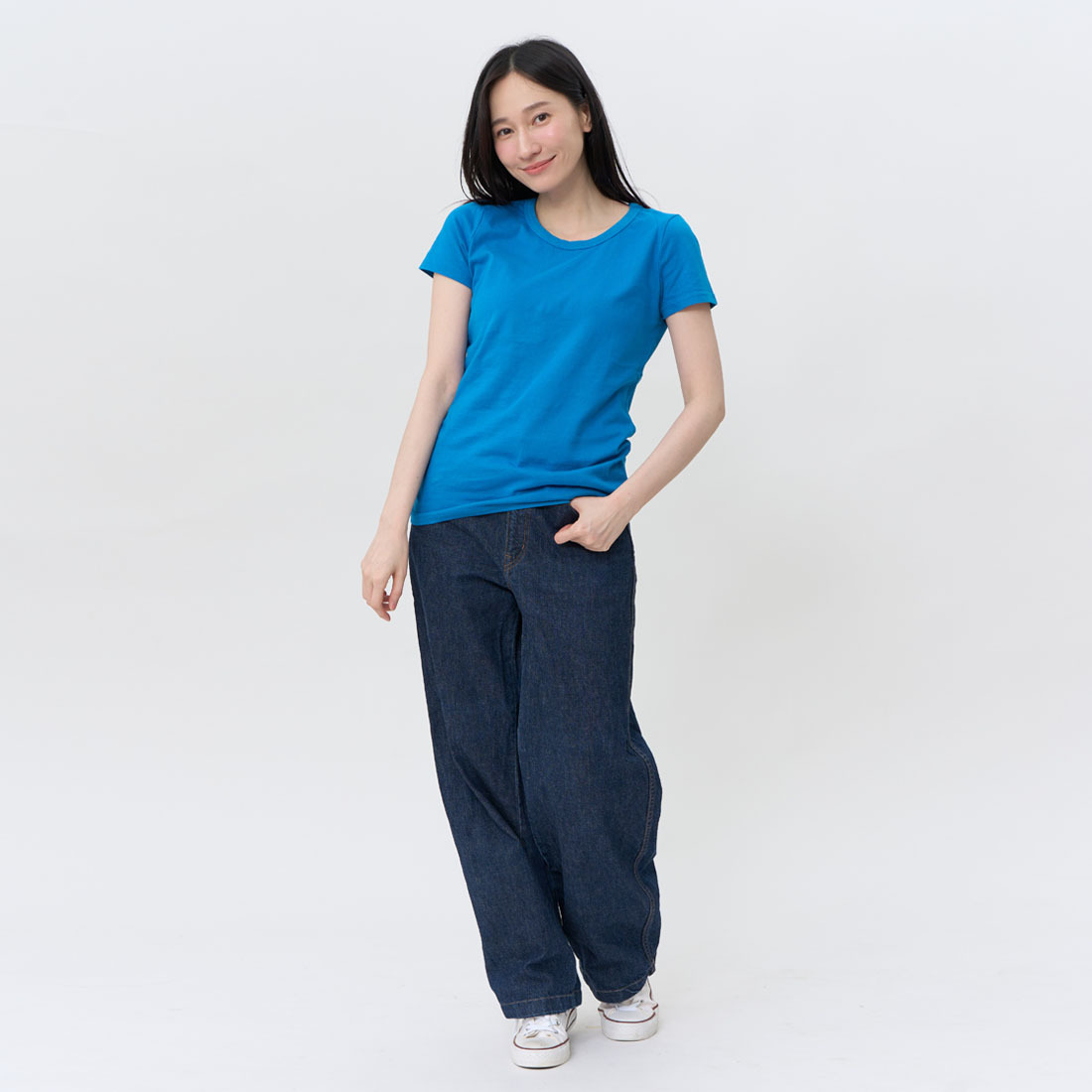 簡單合身圓領 素面 蜜桃棉 女T 海藍色