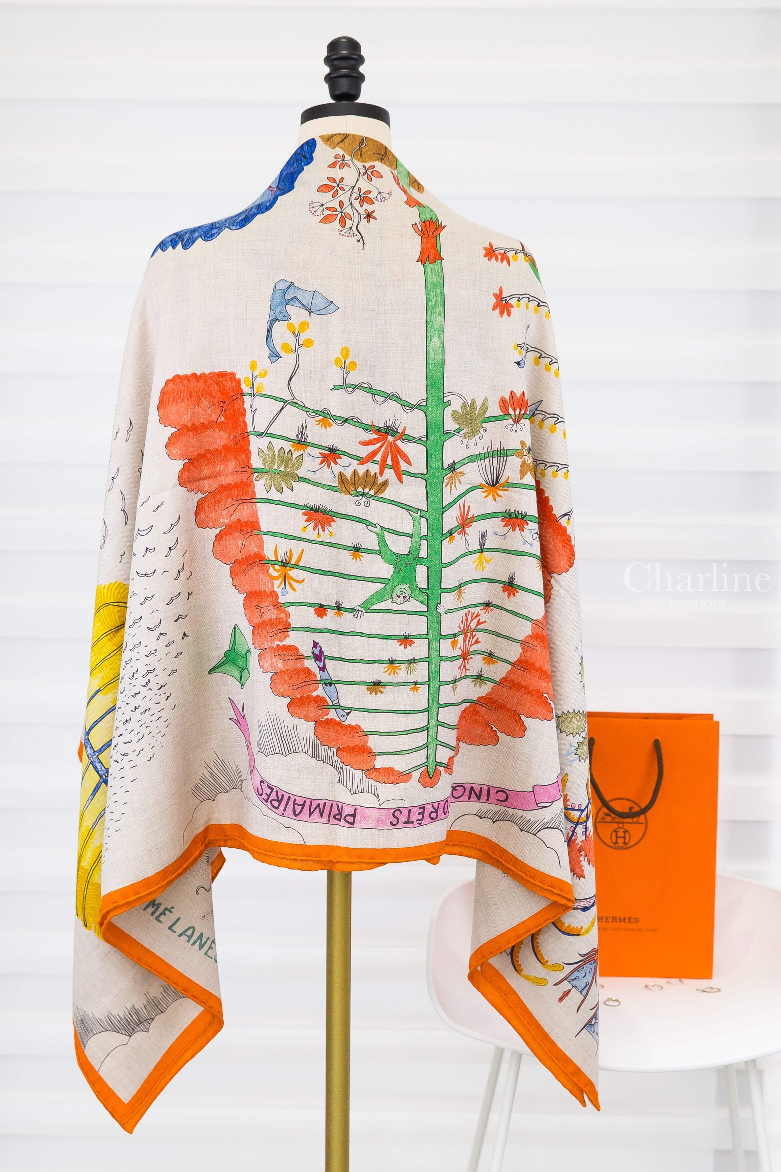Hermès Cinq Forêts Primaires 140 喀什米爾真絲披肩森林植物圖案與橘色邊緣細節
