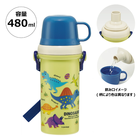 【Skater】Water Bottle with Cup 480 ml (Dinosaur Pattern)
