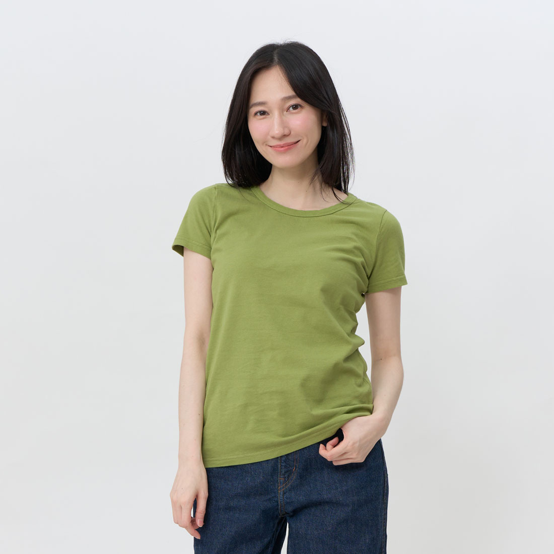 簡單合身圓領厚磅素面蜜桃棉女T 芥末綠