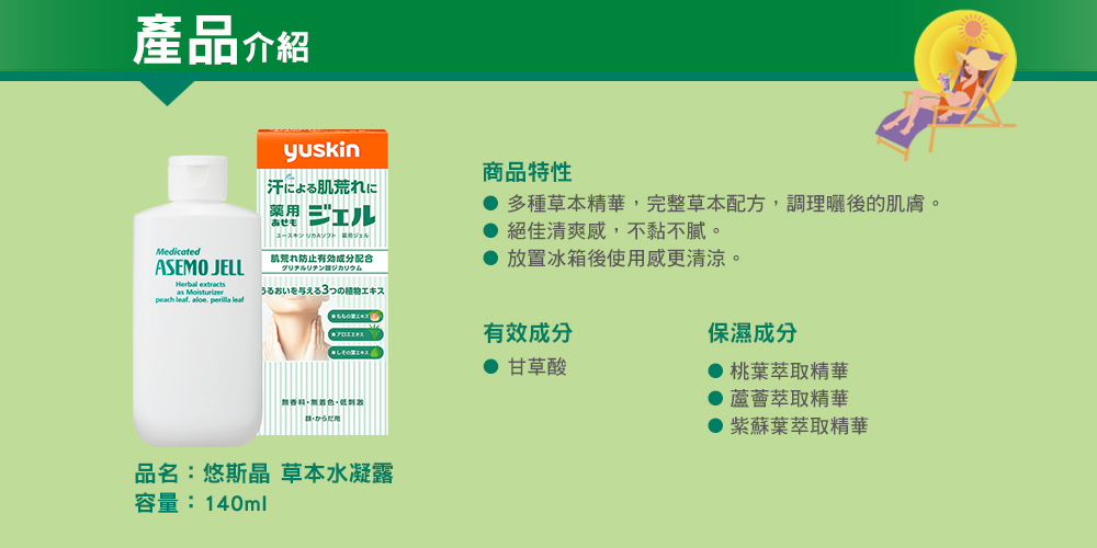 Yuskin 悠斯晶草本水凝露產品介紹:140ml 容量,蘊含甘草酸及桃葉、蘆薈、紫蘇等植物保濕萃取,清爽不黏膩,能幫助調理曬後肌膚。
