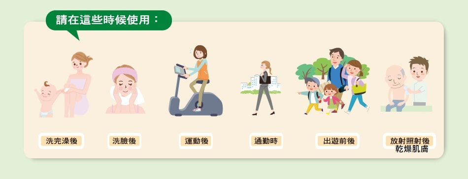 Yuskin 悠斯晶草本水凝露建議使用時機:適合沐浴後、洗臉後、運動後、通勤與出遊前後保濕,以及幫助舒緩局部乾燥肌膚,大人小孩皆適用。