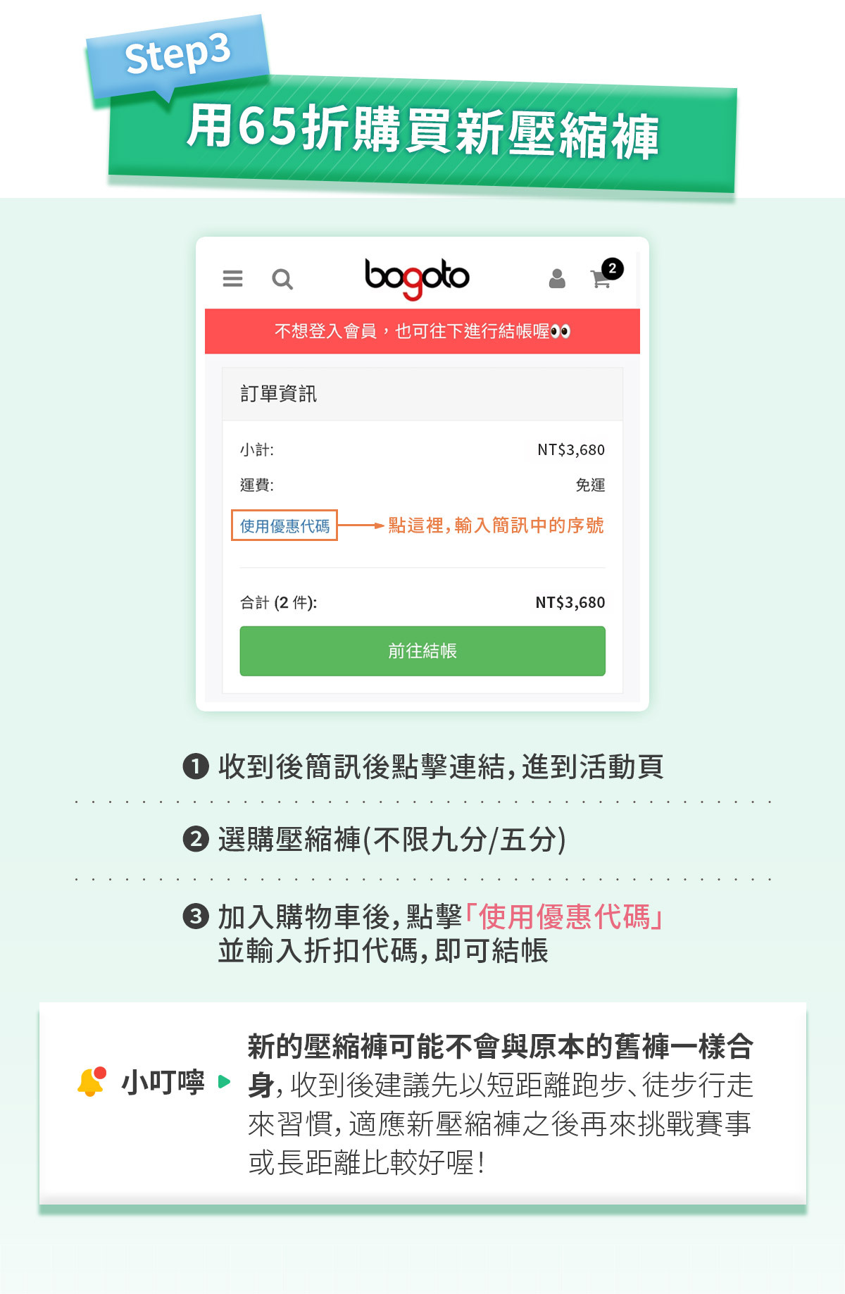 步驟三：用65折購買新的壓縮褲