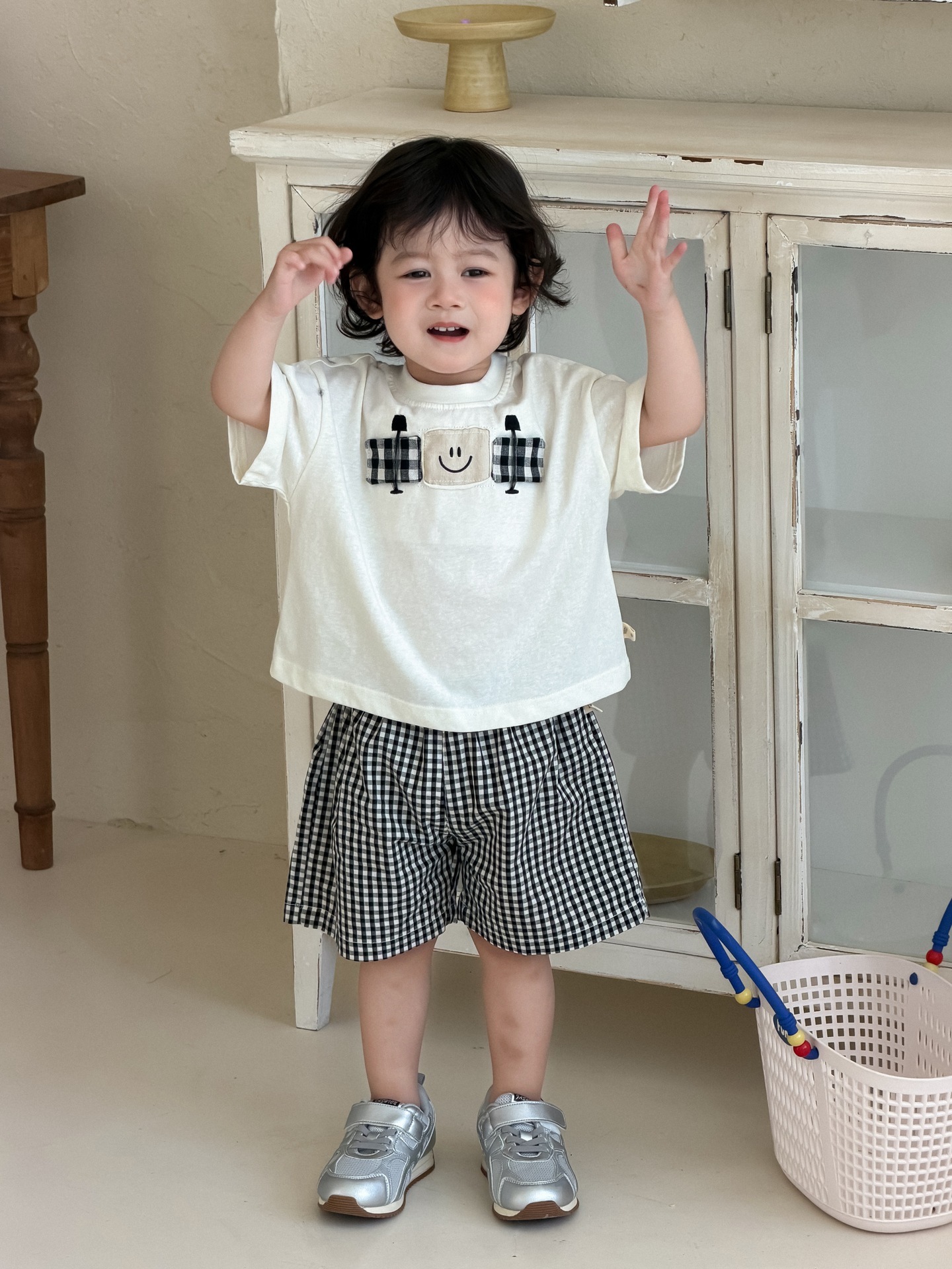 【H1160】小童可愛笑臉補丁上衣/格紋短褲(73-110)