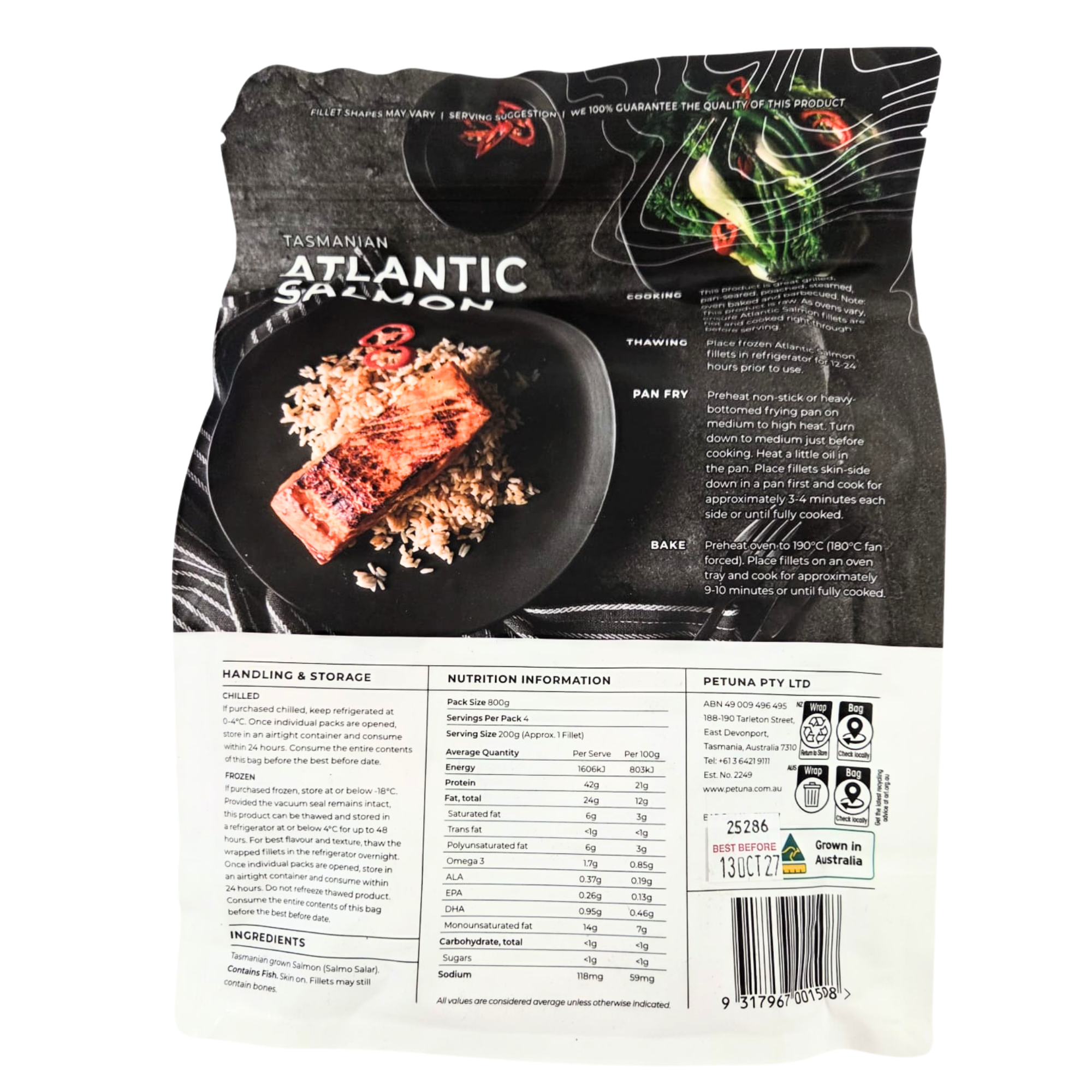AU Tasmania Atlantic Salmon Retail Fillet Bag 4pc , 800g /pack (-18°C)