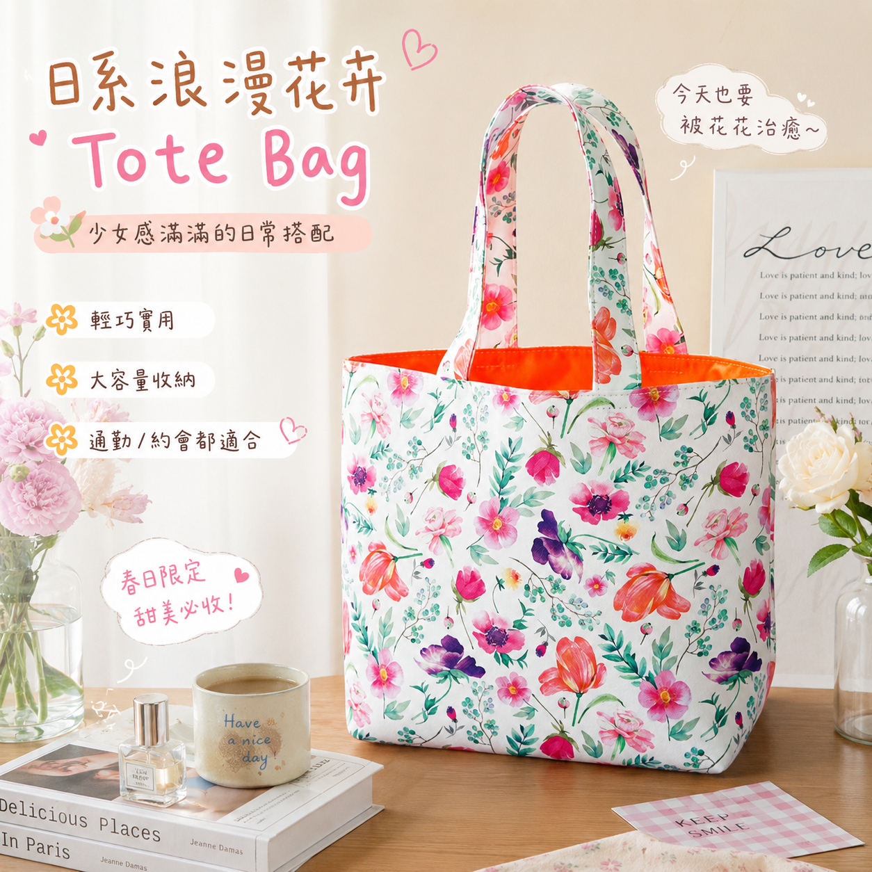 【預購】JM081903 日系浪漫花卉手提Tote Bag