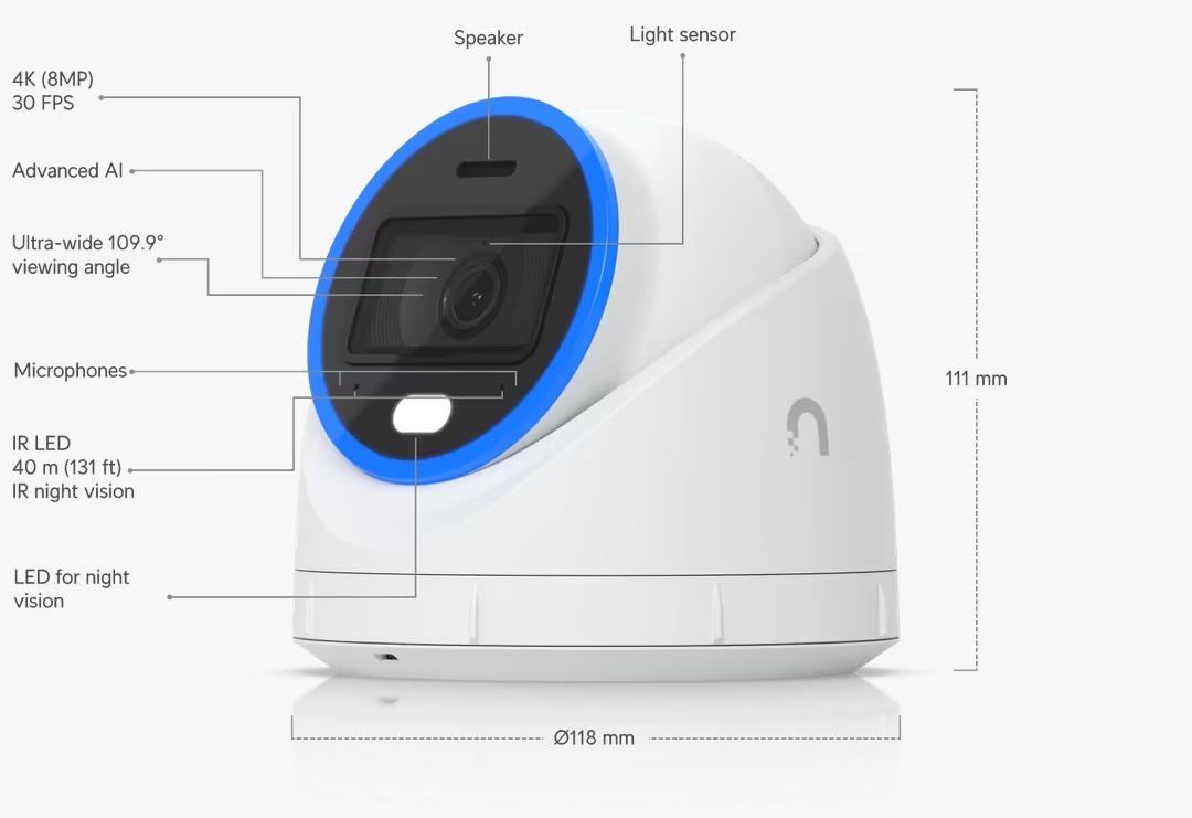Ubiquiti UniFi Protect AI Turret 4K PoE+ 半球攝影機｜UVC-AI-Turret-W 智能監控鏡頭