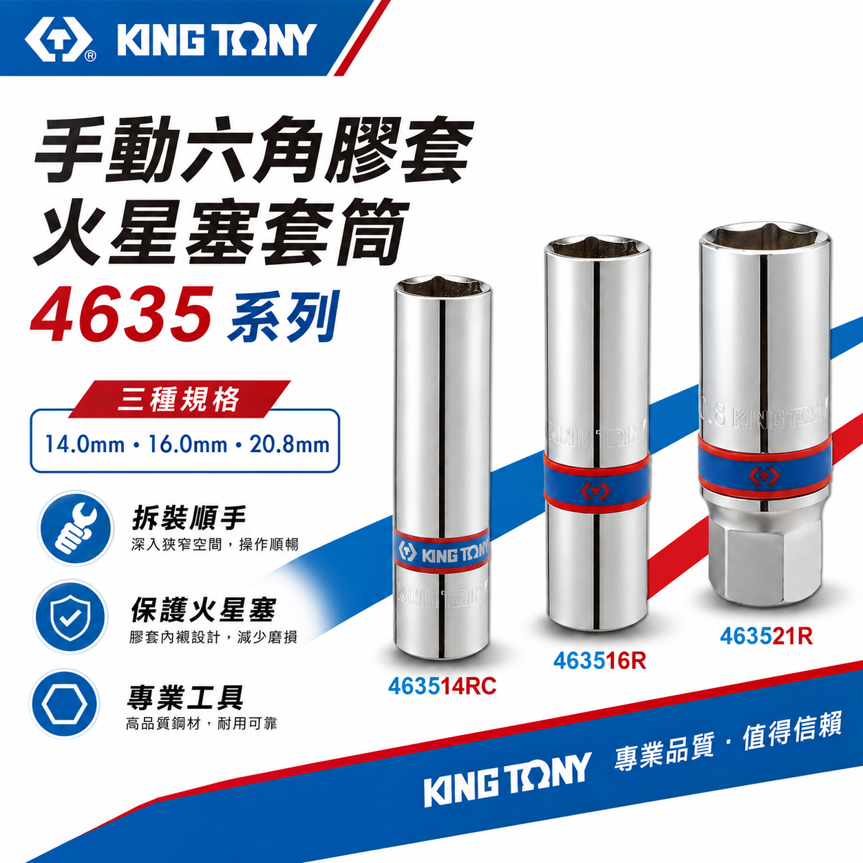 KING TONY 金統立｜1/2" 四分 4分 手動六角膠套火星塞套筒｜4635 14RC 16R 21R｜台灣製｜公司貨
