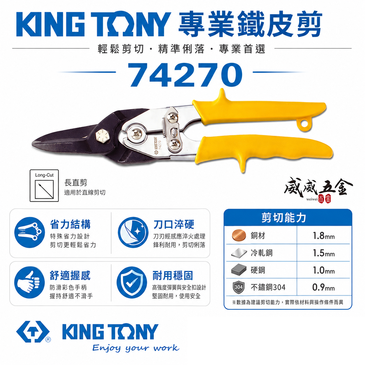 KING TONY 金統立 台灣製｜黃柄直刃-省力型鐵皮剪刀 歐式強力型鐵皮剪 薄不銹鋼剪切剪刀｜74270