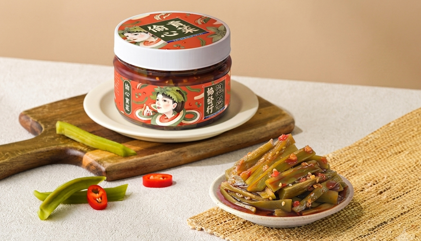 協發行泡菜「偷心貢菜」特寫,展現嘎蹦脆口感與川式椒麻藤椒油誘人色澤。