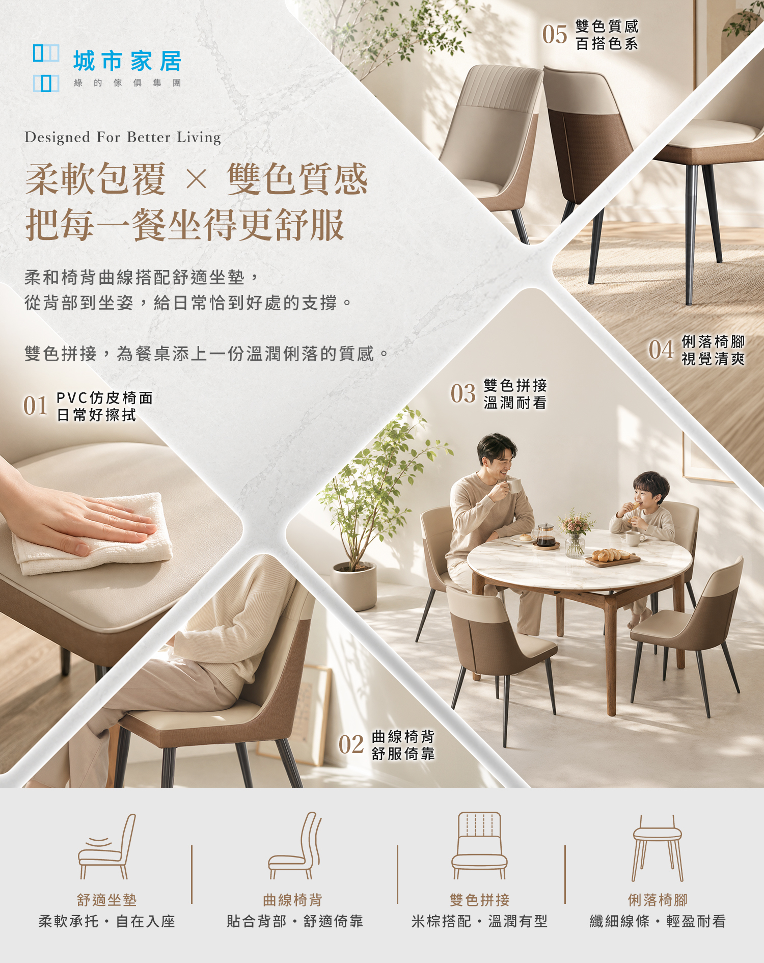 城市家居 CC-AM001-CO 仿皮餐椅特色總覽，PVC仿皮椅面、曲線椅背、雙色拼接與碳素鋼椅腳