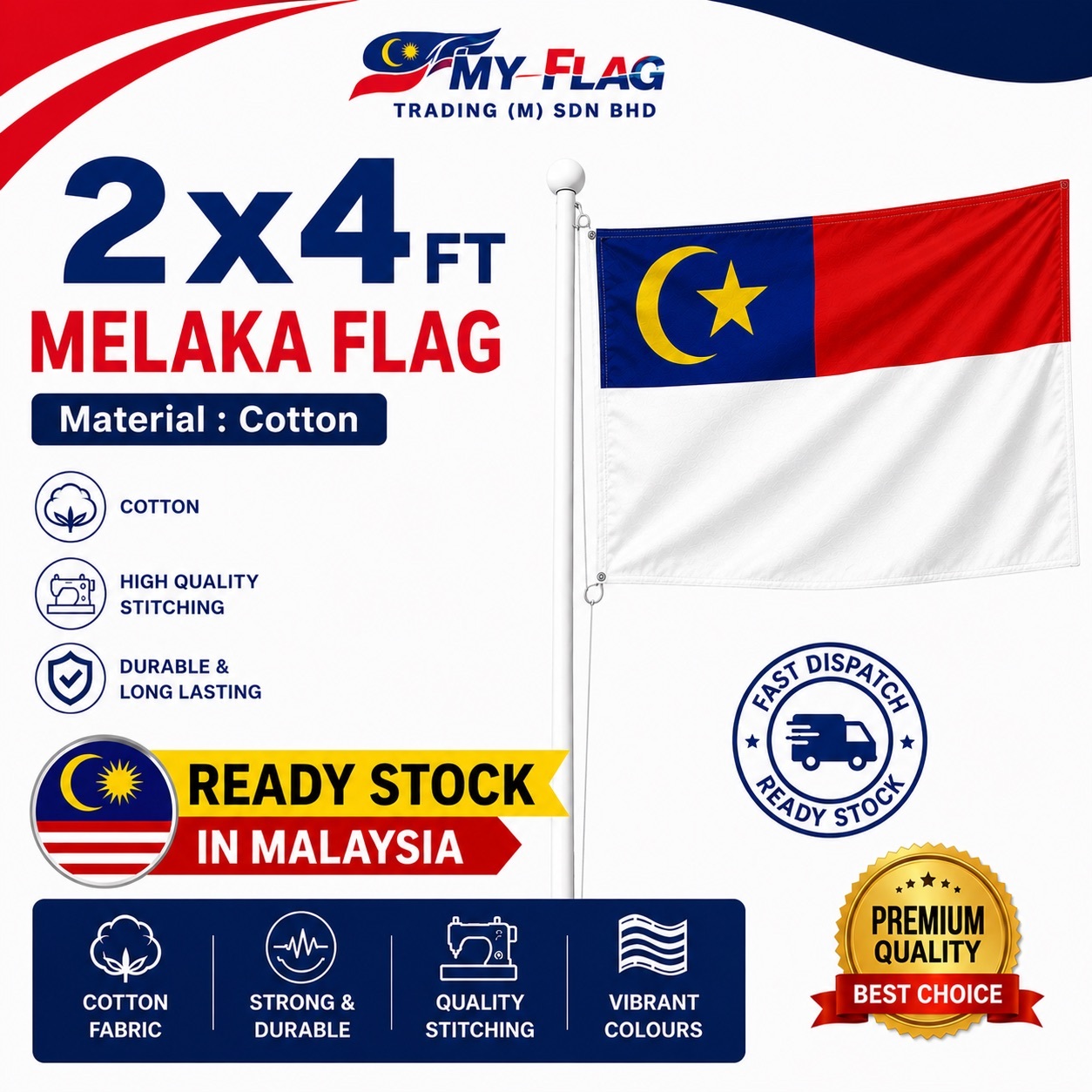 2x4FT Melaka Flag Bendera Melaka Cotton | Kain Kapas | Ready Stock Malaysia