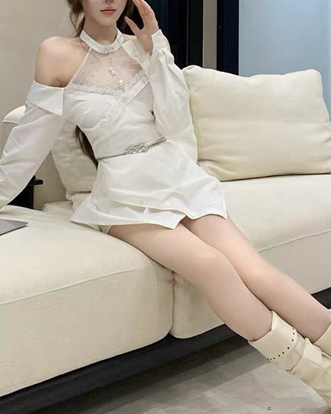 設計師家網紗拼接襯衫撐腰上衣➕內搭褲