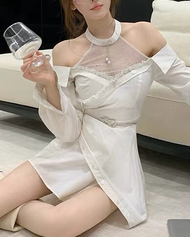 設計師家網紗拼接襯衫撐腰上衣➕內搭褲