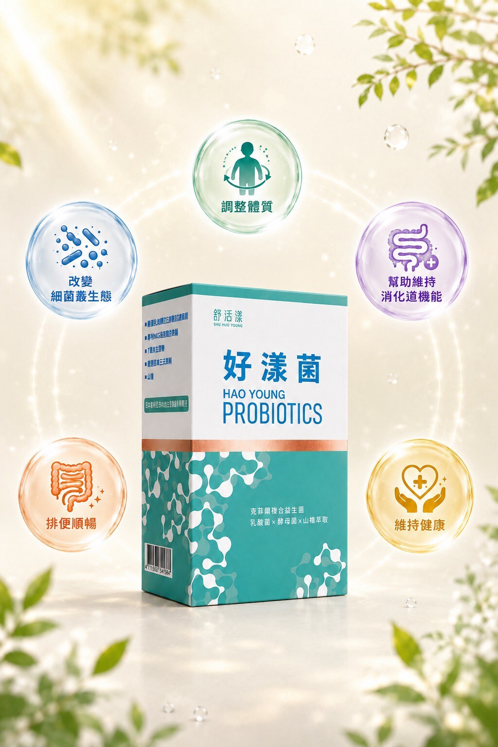舒活漾好漾菌外包裝及產品特色,主打改變細菌叢生態、調整體質、幫助維持消化道機能以及使排便順暢,幫助維持健康。