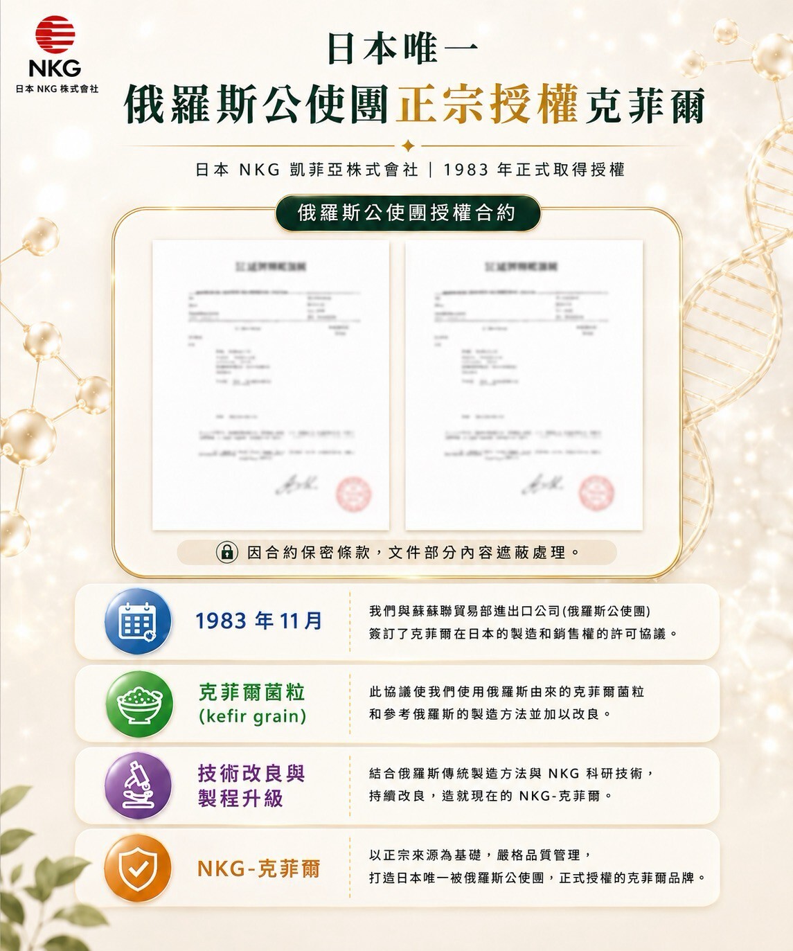 日本唯一取得俄羅斯公使團正宗授權的NKG克菲爾,嚴格控管品質,為好漾菌提供優質的專利克菲爾菌粒。