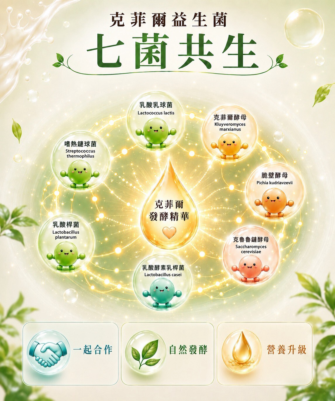 好漾菌的七菌共生發酵精華,包含乳酸乳球菌等4種乳酸菌與3種酵母菌,透過自然發酵達到營養升級。