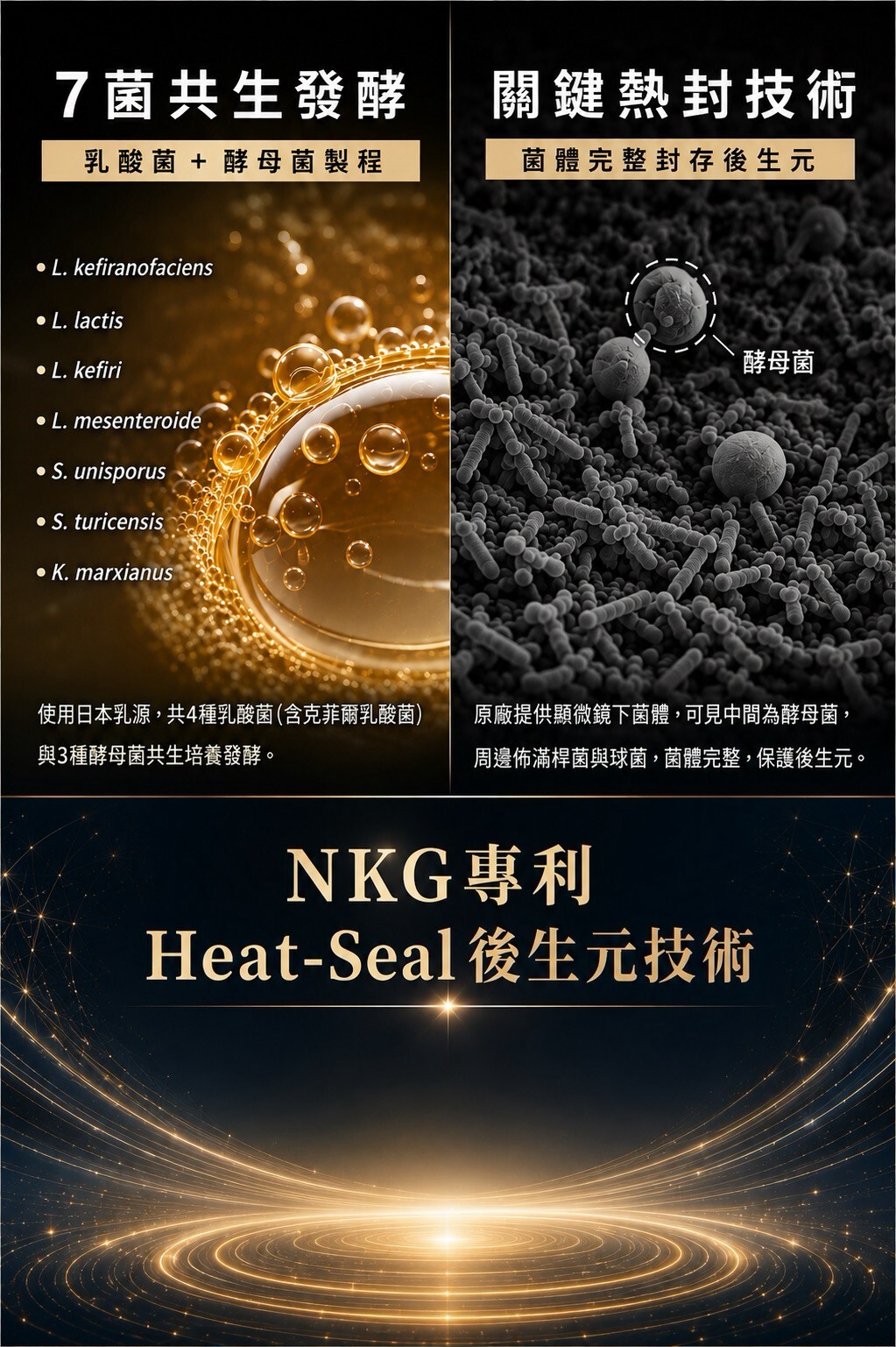 NKG專利Heat-Seal後生元熱封技術,將七菌共生發酵的乳酸菌與酵母菌體完整封存,穩定保留益生菌營養精華。