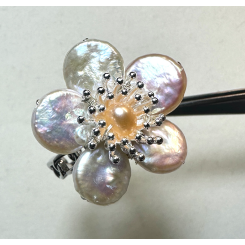 HKAG0821-014 異形珍珠花花戒指 (合金鍍銀) (25MM) (A14)