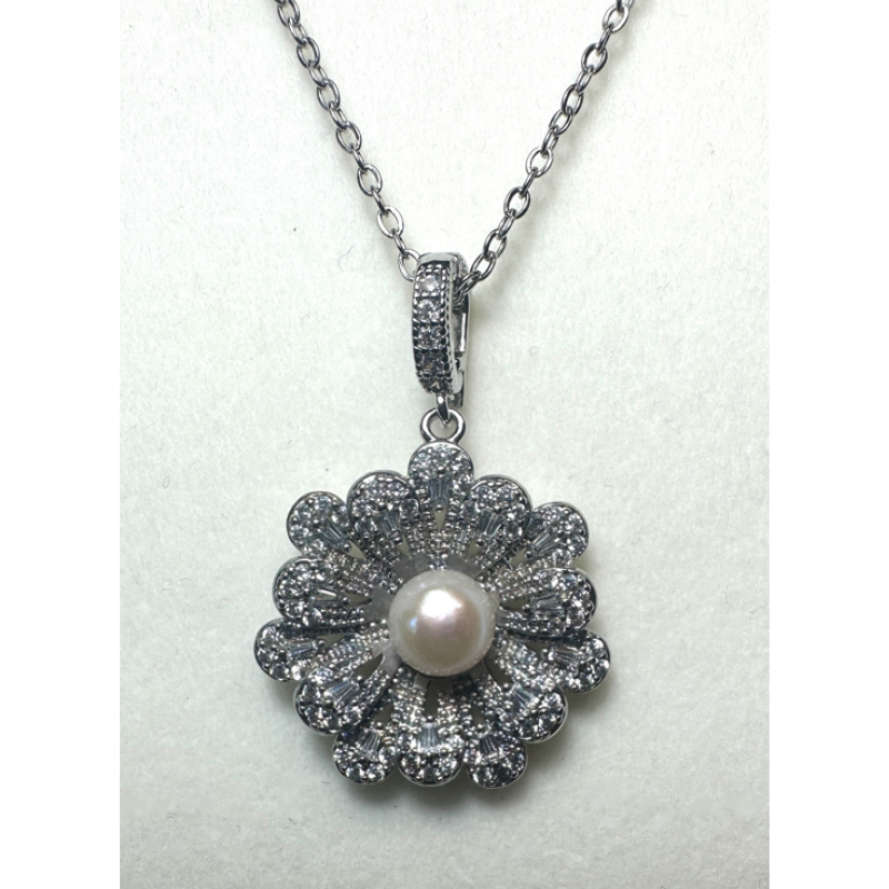 HKAG0821-040 日本AKOYA 太陽花鋯石 海水珍珠頸鏈 (鍍彩銀/銀色) (6MM UP) (A40)