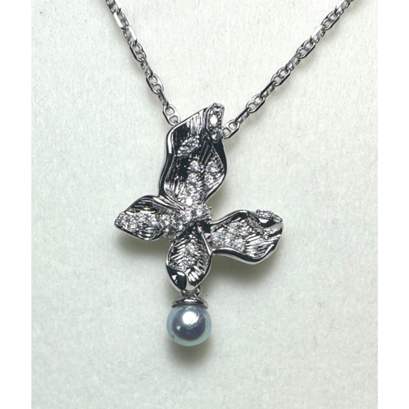 HKAG0821-041 日本AKOYA 真多麻 立體蝴蝶 海水珍珠頸鏈 (鍍彩銀/銀色) (4MM UP) (A41)