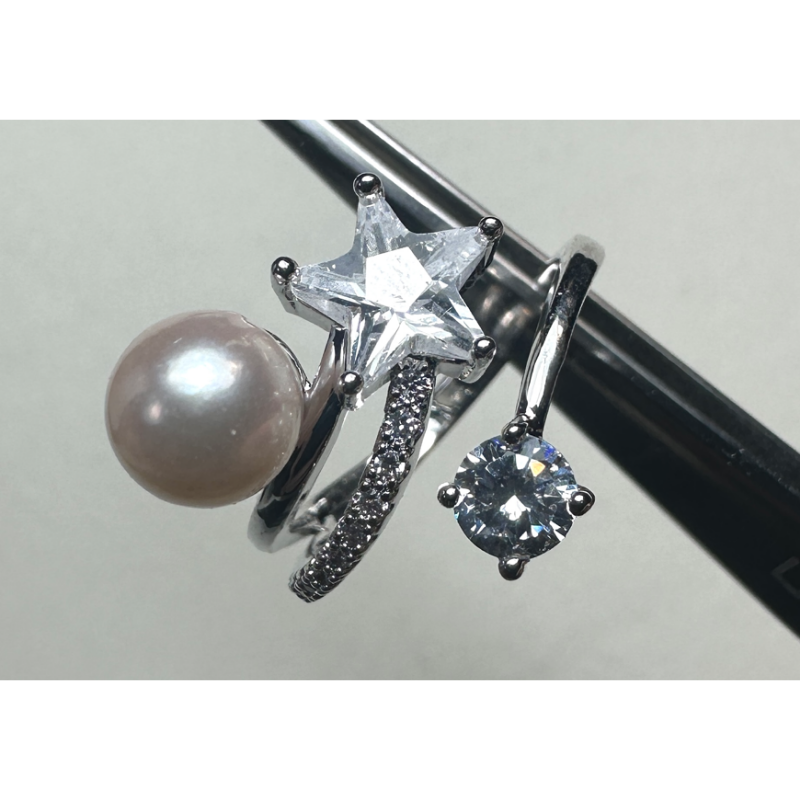 HKAG0821-048 日本AKOYA 星空碎鑽款鋯石 海水珍珠戒指 (鍍彩銀/銀色) (6MM UP) (A48)