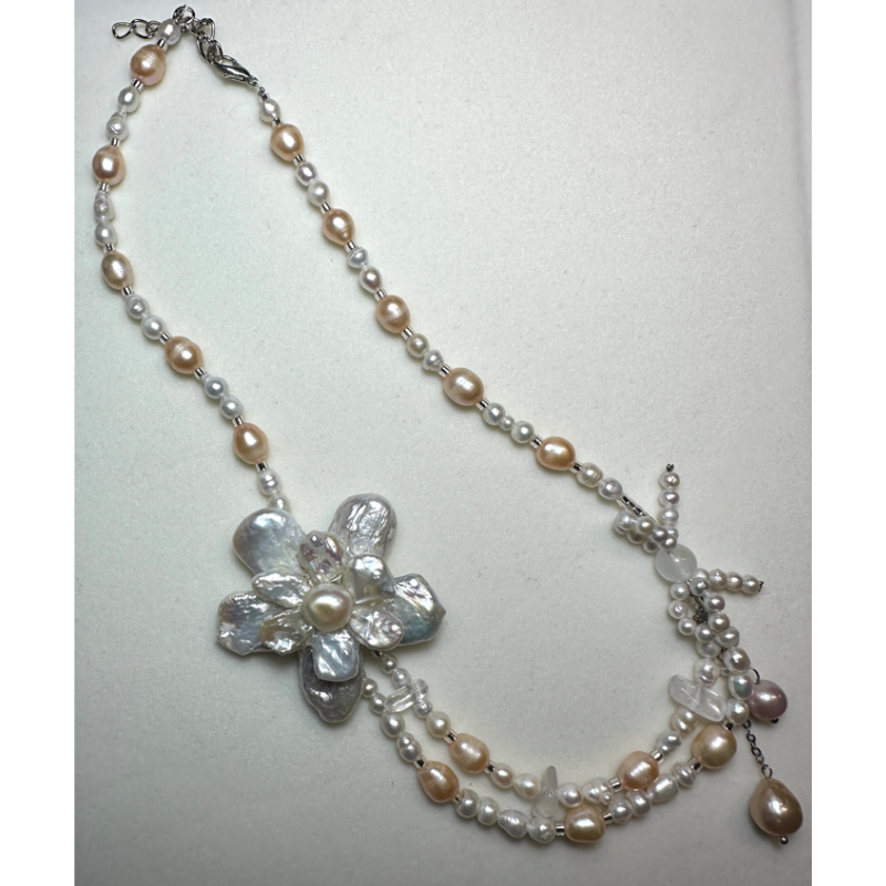 HKAG0821-063 巴洛克小米珠4MM+花花設計款頸鏈 [45CM長] (合金鍍銀) (47MM) (A63)