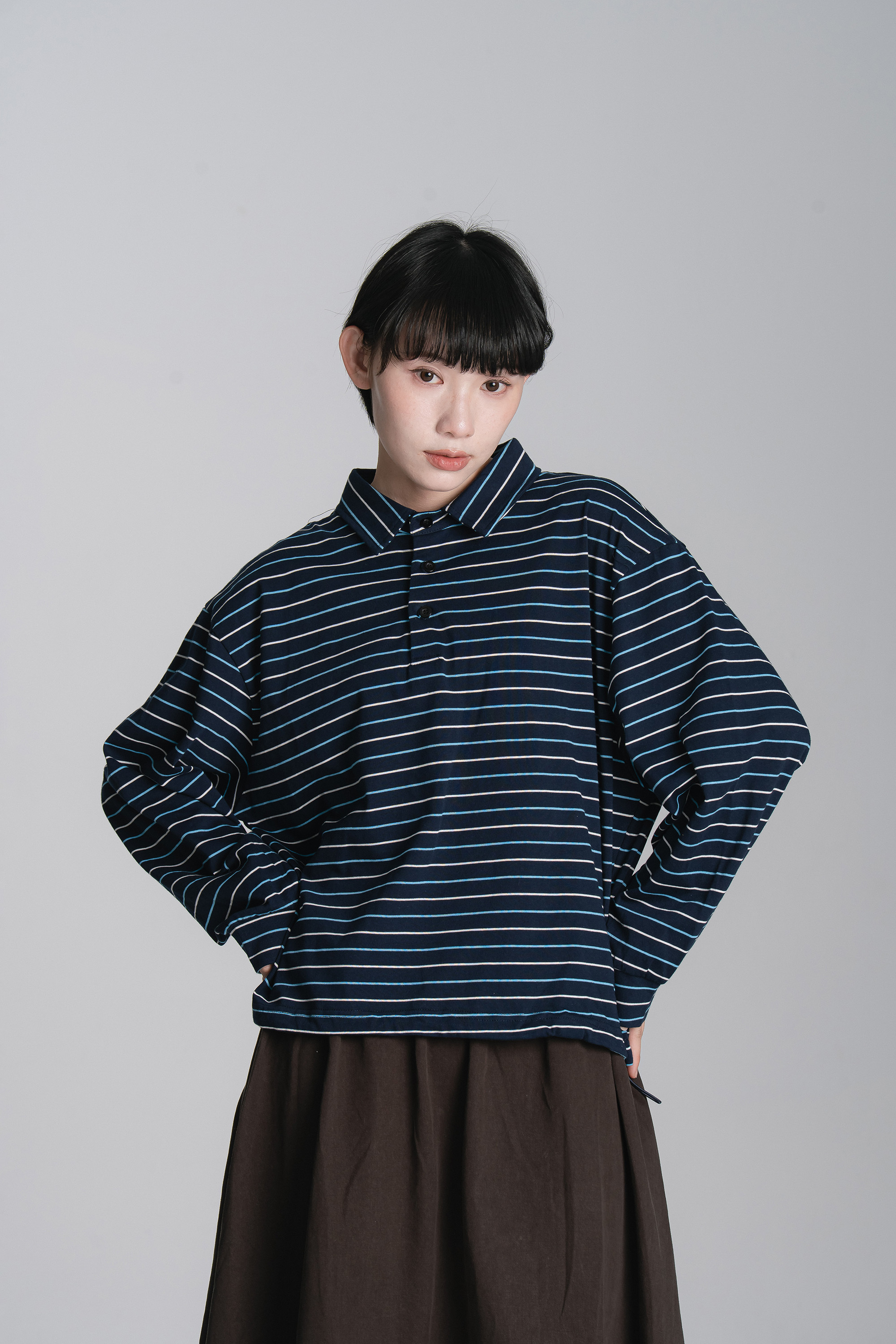 日常細條長袖POLO 3色