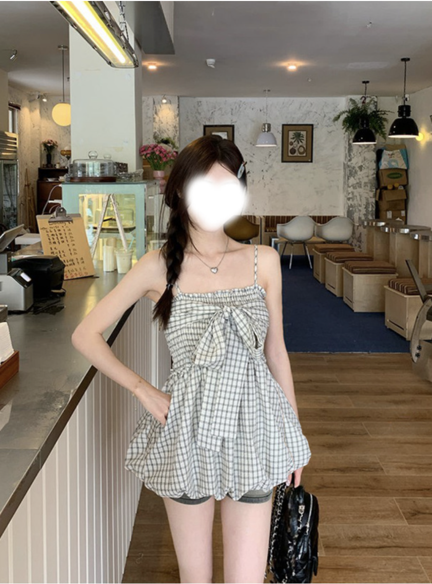 JP1285｜夏日氣質⊱  ۫ ׅ ✧ 束胸格紋大蝴蝶結泡泡吊帶外搭上衣