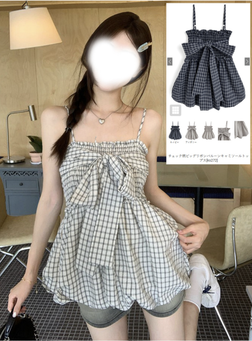 JP1285｜夏日氣質⊱  ۫ ׅ ✧ 束胸格紋大蝴蝶結泡泡吊帶外搭上衣